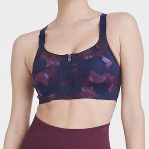 All in motion zip front high impact sports bra blue purple water color 36D